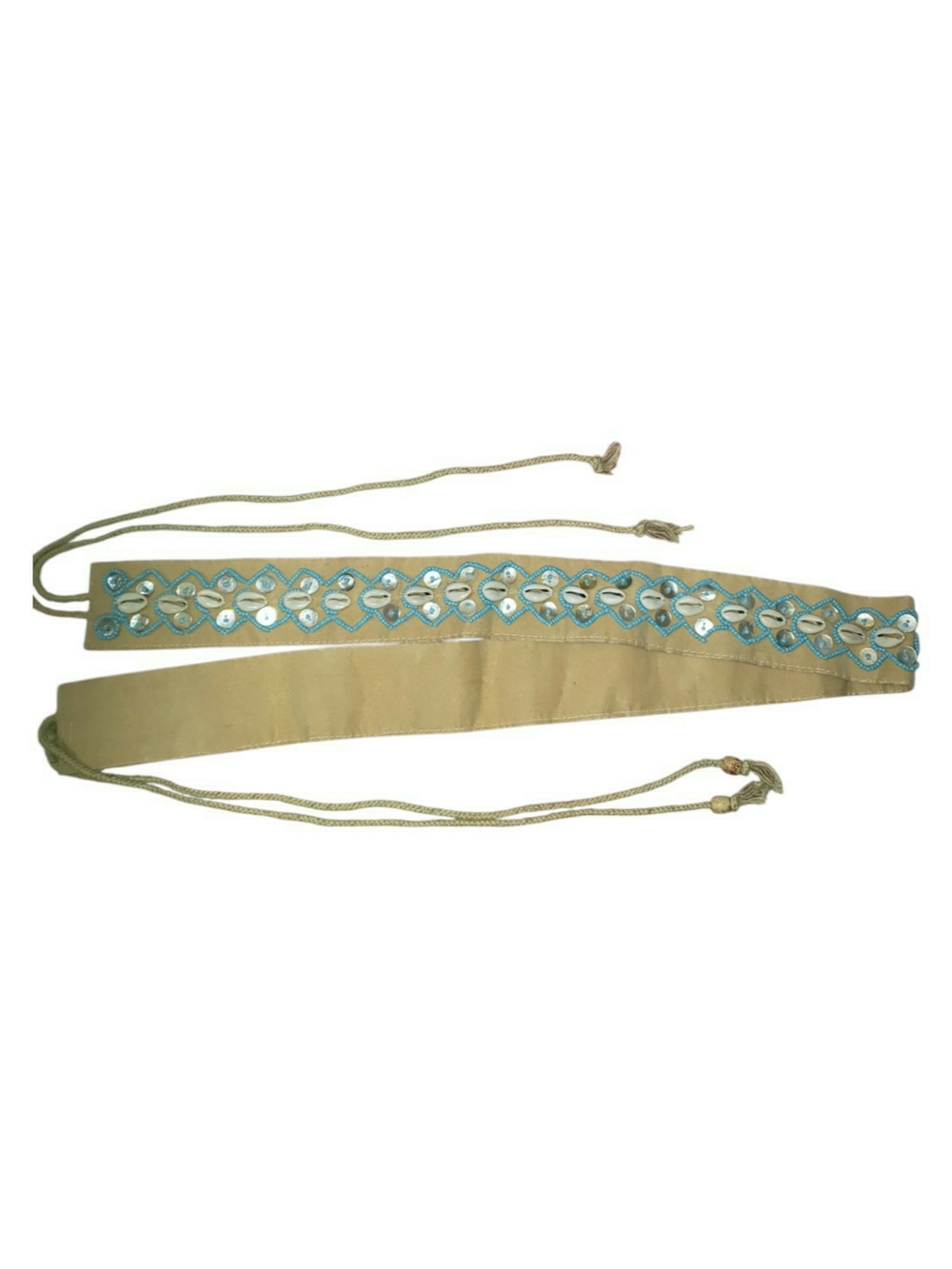 Womens vintage bohemian-style tie belt adorned with natural cowrie shells.